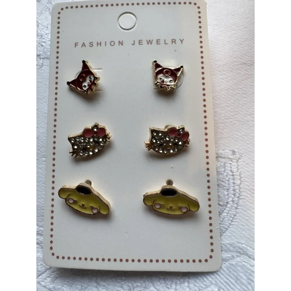 HELLO KITTY Karomi 6 PC Set Gold-Tone Rhinestone Stud Earrings Colorful NEW